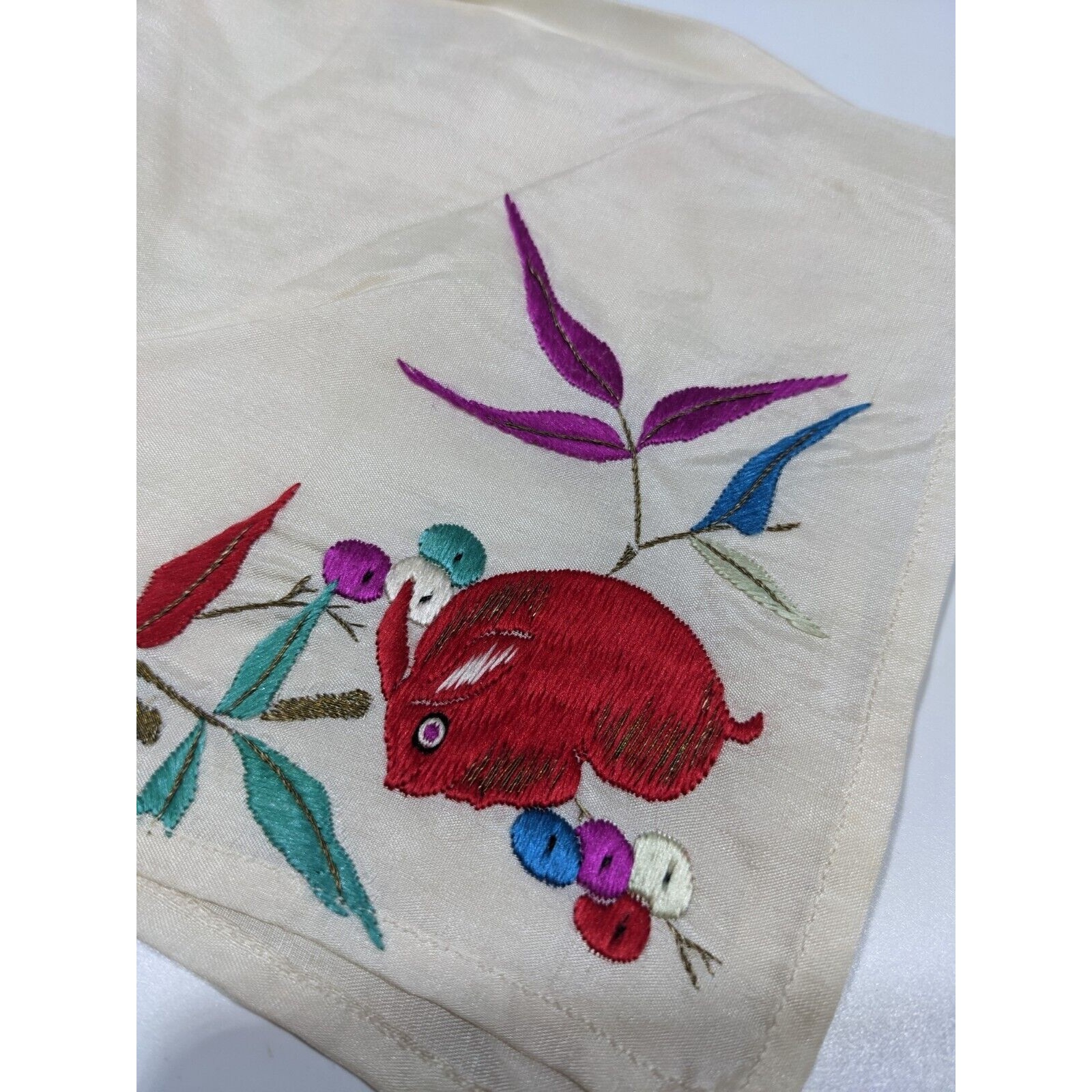 Vintage Embroidered Hankie Handkerchief Rabbit Red Hare Pocket Scarf Silky